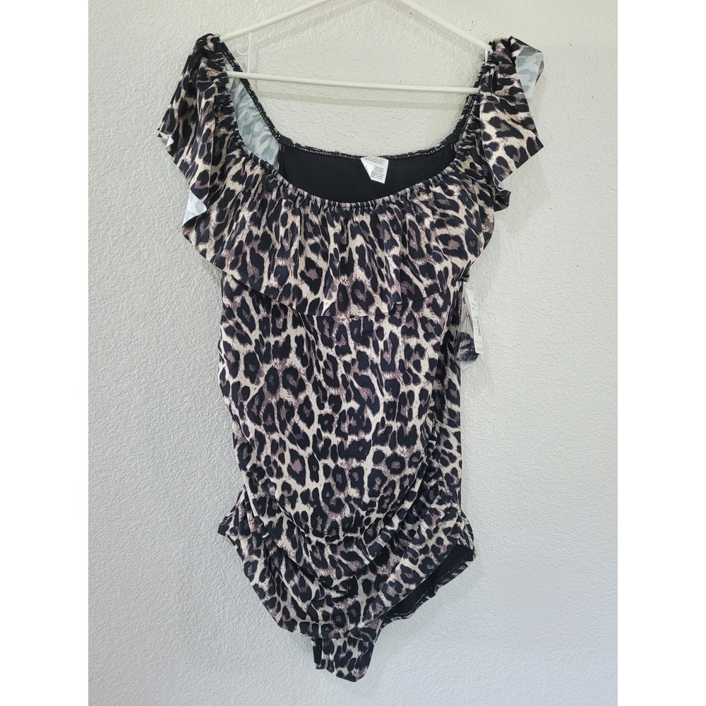 Swim Solutions Off Shoulder Leopard Print Ruffle Swimsuit Black Multi 22W #18